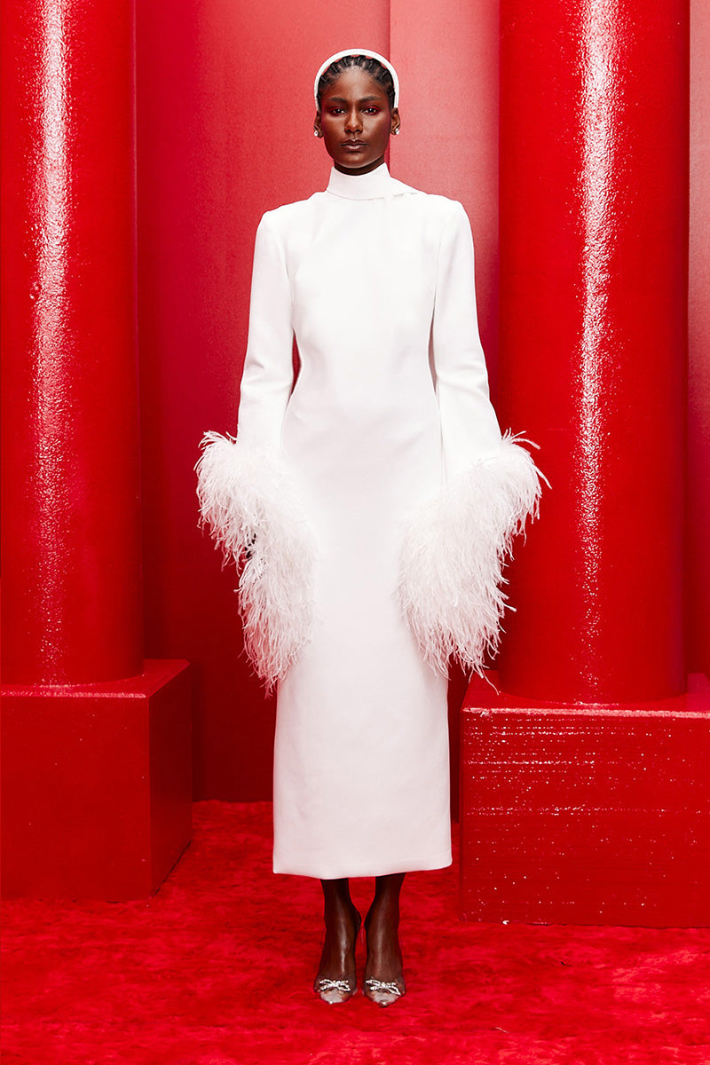 FEATHER-DETAIL HALTERNECK MIDI DRESS IN OFF WHITE - CULT MIA