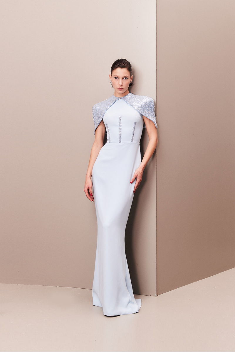BABY BLUE CORSET DRESS WITH DETACHABLE EMBROIDERED CAPE - CULT MIA