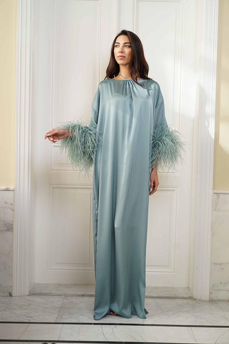 maxi dress with feather sleeves Gatsby | Burgundy High-Neck Maxi Dress With Feather Trim Cuffs