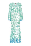 Andreeva aqua marine handmade maxi cover-up and dress, front view showing flowing fabric and elegant design.