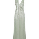 Aisl green pleated V-neck gown displayed from the front, showcasing its elegant design and flowing fabric.