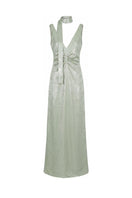 Aisl green pleated V-neck gown displayed from the front, showcasing its elegant design and flowing fabric.