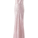 Aisl strapless pink maxi dress shown from the front, featuring a flowing fabric and elegant design.