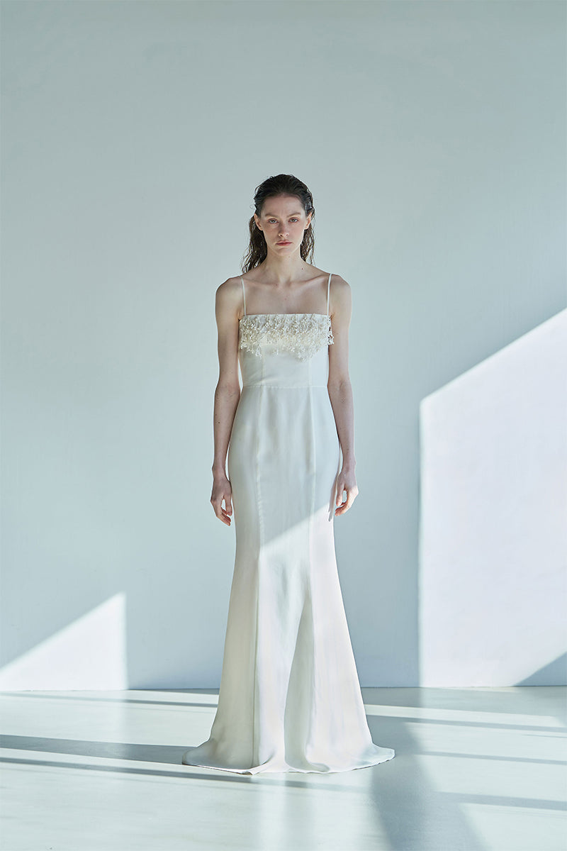 JINSUN botanical embellished ivory cupro gown with front view, featuring intricate details and elegant fabric for formal occasions.