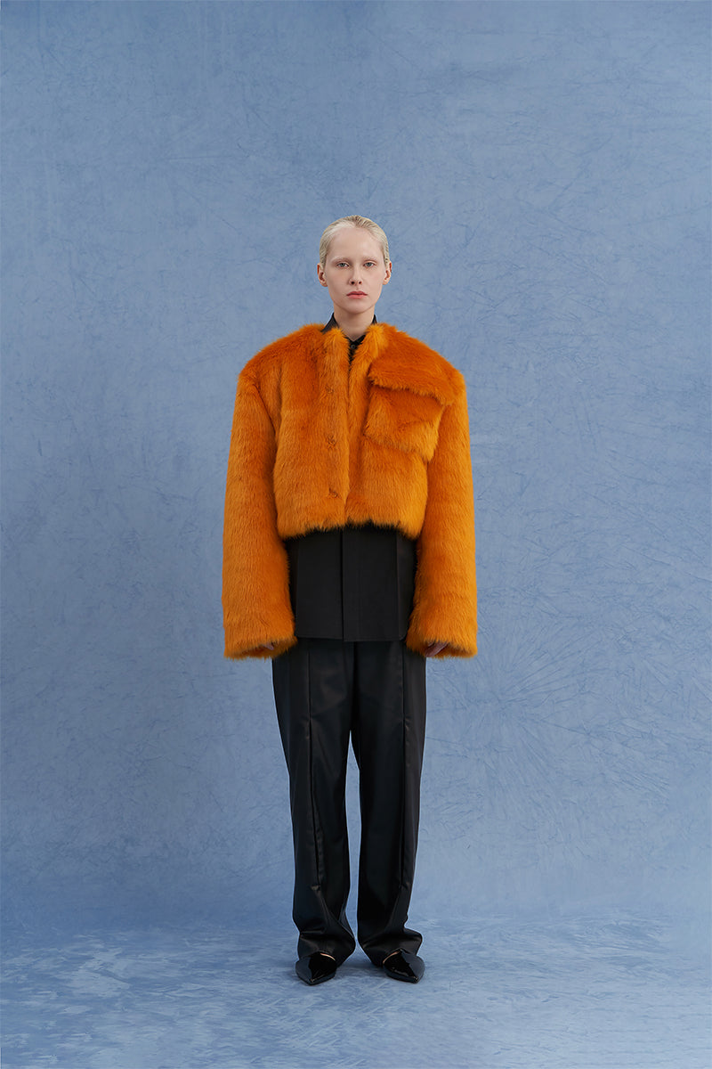 EXAGGERATED SHOULDER SHEARLING JACKET IN ORANGE - CULT MIA