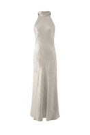 Aisl champagne halter maxi dress with matching scarf, front view showcasing elegant flowy fabric and stylish design.
