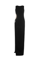 CEM side cutout slit maxi dress shown from the front, featuring a stylish slit and cutout details in a sleek, elegant design.