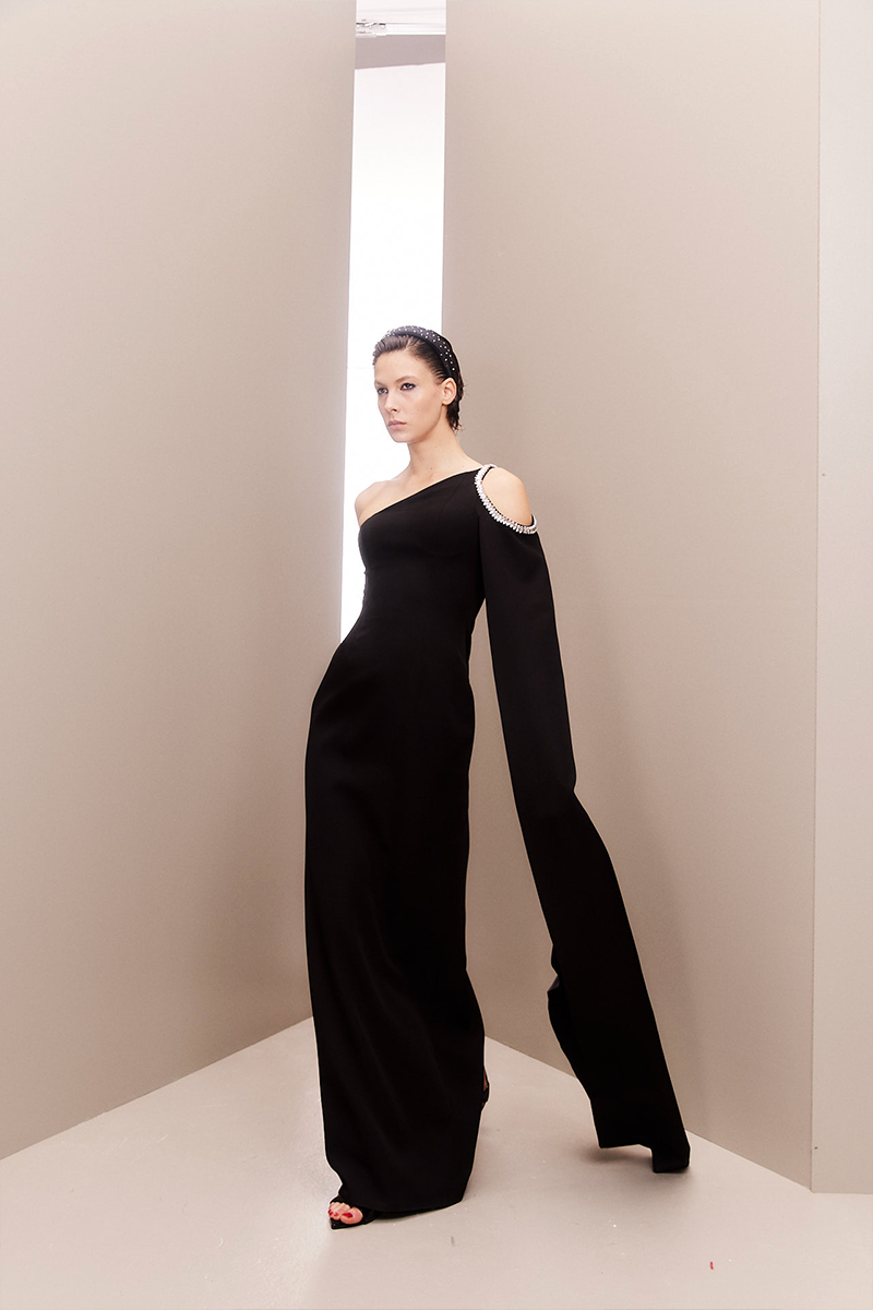 ASYMMETRIC STONE-EMBELLISHED BLACK GOWN - CULT MIA