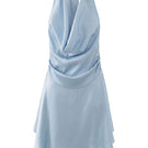 Powder blue satin mini dress by Aisl featuring a draped front design, sleeveless with a fitted silhouette and elegant style.
