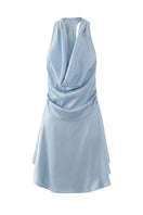 Powder blue satin mini dress by Aisl featuring a draped front design, sleeveless with a fitted silhouette and elegant style.
