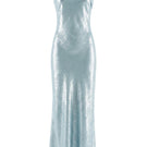 Front view of Aisl Celeste Crisscross Maxi Dress in ice blue, featuring a flowing design and elegant crisscross details.
