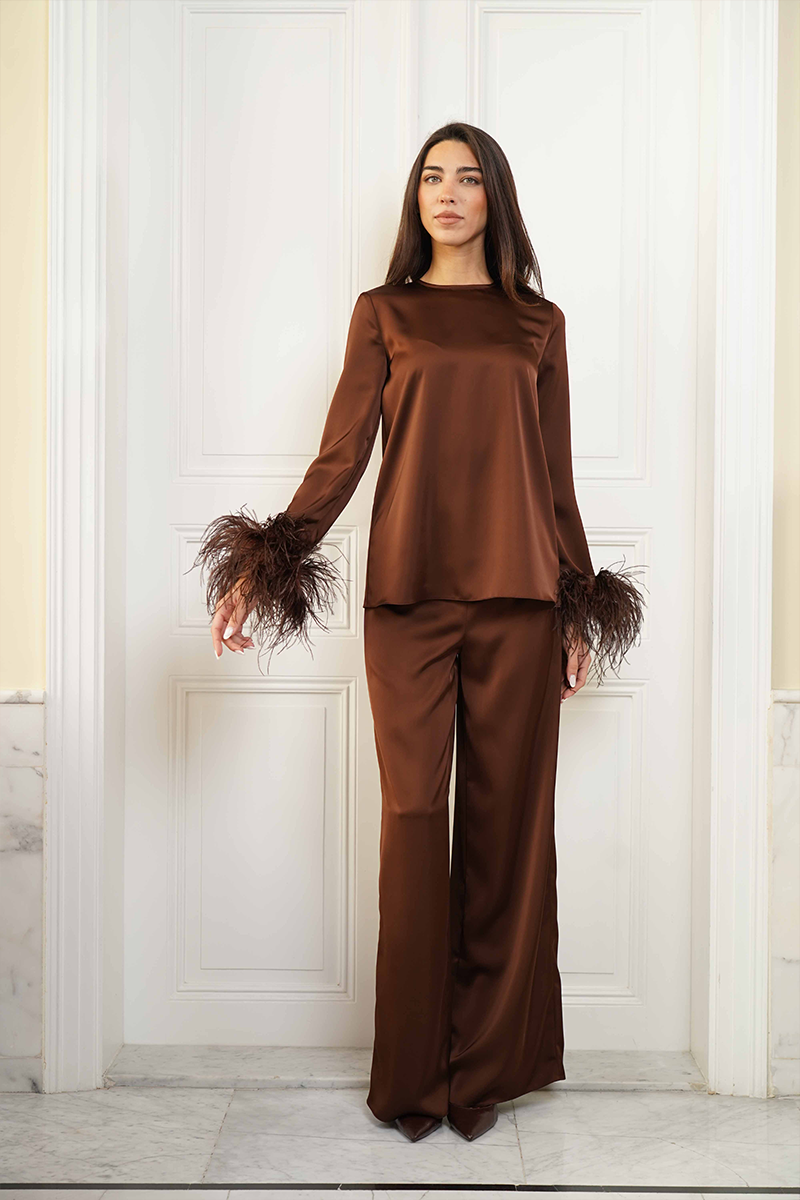 Joanna Andraos CULT MIA X Joanna Andraos silk-effect co-ords set, front view showing the elegant matching top and pants ensemble.