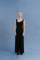 Black asymmetric-beck sleeveless jumpsuit by JINSUN, front view showing stylish design and fitted silhouette.