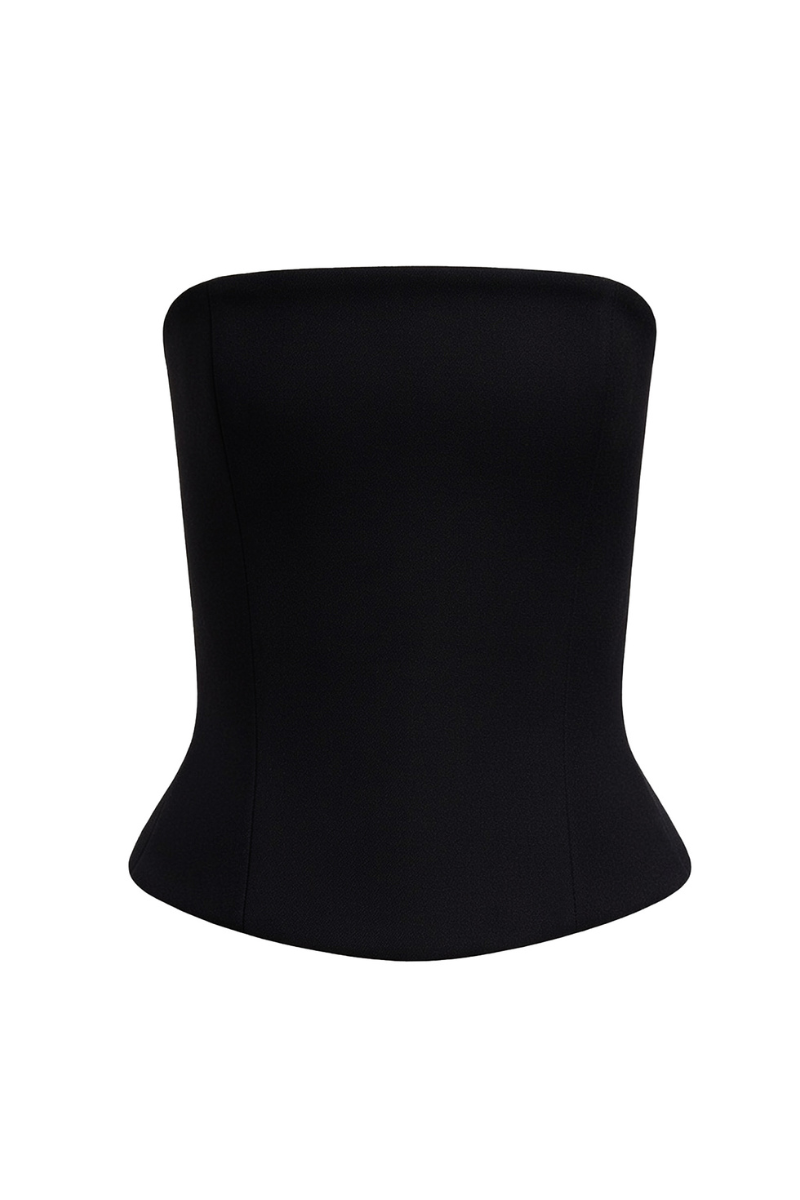 Black BALYKINA double corset top with front closure, featuring structured design and adjustable straps, worn as a stylish fashion top.