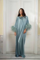 Joanna Andraos feather-sleeve silk gown with a tie-neck design, front view showcasing elegant draping and luxurious fabric.
