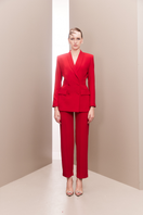 Joanna Andraos red hourglass co-ords suit set featuring a stylish fitted top and matching pants, front view.
