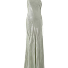 Green one-shoulder maxi dress by Aisl featuring a flowing silhouette and elegant design, shown from the front view.
