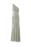 Green one-shoulder maxi dress by Aisl featuring a flowing silhouette and elegant design, shown from the front view.