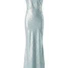 Aisl strapless ice blue maxi dress displayed from the front, featuring a flowing design and elegant neckline.
