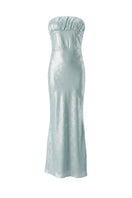 Aisl strapless ice blue maxi dress displayed from the front, featuring a flowing design and elegant neckline.