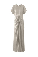 Aisl ivory ruched center column gown with a fitted bodice and elegant draping, displayed from the front view.