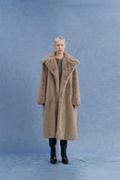 JINSUN oversized brown shearling coat front view, cozy and stylish winter coat with plush shearling details.