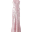 Pink Aisl halter maxi dress with matching scarf, front view showcasing flowing fabric and elegant design.