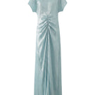 Light blue Aisl ruched center column gown with a fitted bodice and flowing skirt, shown from the front.