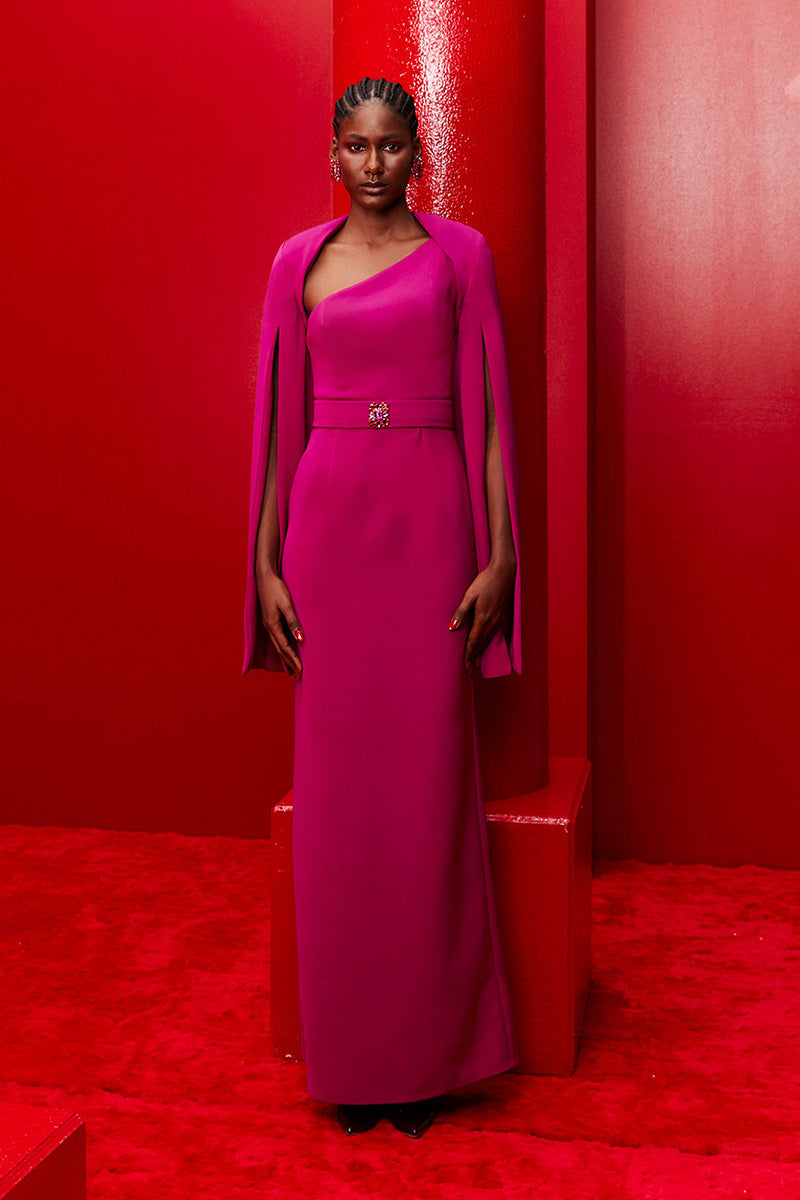 ONE-SHOULDER DRESS WITH CAPE SLEEVES IN DEEP MAGENTA - CULT MIA