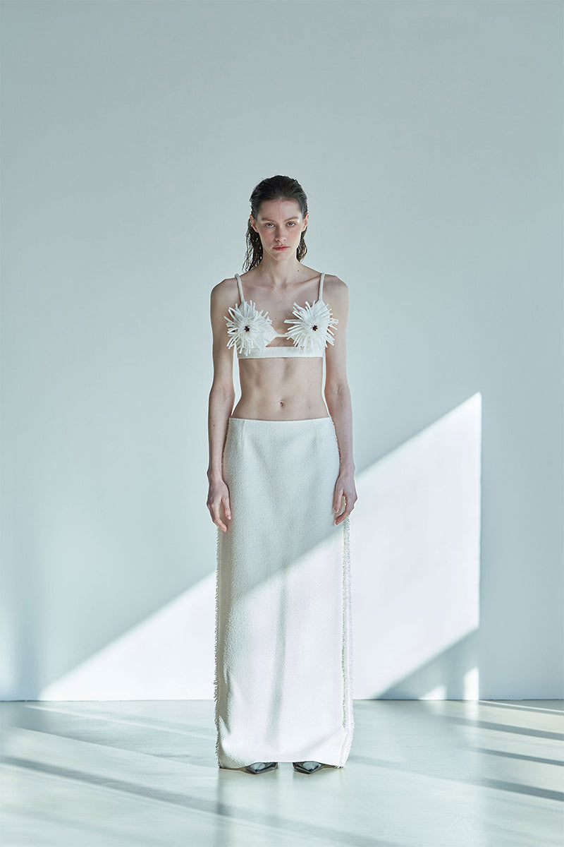 JINSUN ivory tweed Pappus applique bra top with front view, showcasing textured fabric and stylish design.