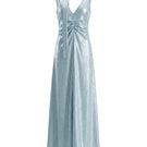 Aisl blue pleated V-neck evening gown with elegant front view, showcasing flowing fabric and sophisticated design.