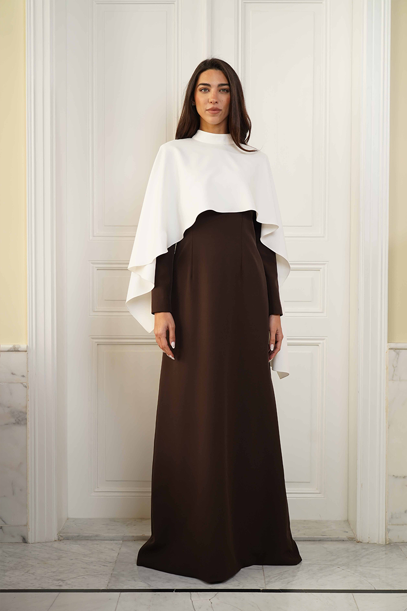 CULT MIA X JOANNA ANDRAOS THE IVORY CAPE EVENING GOWN