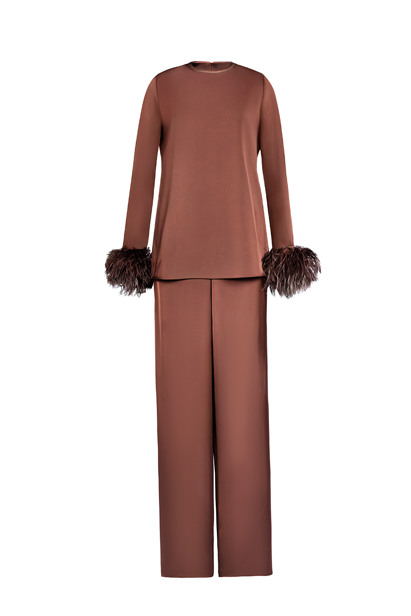 Joanna Andraos CULT MIA X Joanna Andraos silk-effect co-ord ensemble, front view showcasing the stylish matching top and pants.