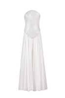 Joanna Andraos white corset top and matching palazzo trouser co-ord set, front view showcasing fitted corset and wide-leg trousers.