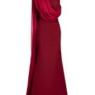 Front view of Joanna Andraos burgundy one-shoulder cape gown with elegant draping and fitted silhouette.