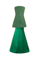 Joanna Andraos emerald corset top and skirt co-ords set, front view showing fitted crop top and matching high-waisted skirt.