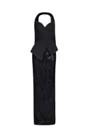 Black embroidered corset set from Joanna Andraos co-ords, featuring detailed front embroidery and a fitted, stylish design.