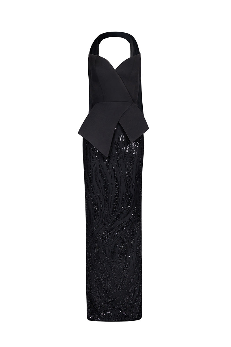 Black embroidered corset set from Joanna Andraos co-ords, featuring detailed front embroidery and a fitted, stylish design.