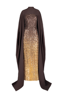 Joanna Andraos Cult Mia X gown with corset bodice and detachable cape, front view of elegant gown with intricate detailing.