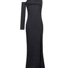Joanna Andraos black gown with detachable sleeves, front view showing elegant design and flowing fabric.