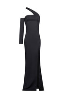 Joanna Andraos black gown with detachable sleeves, front view showing elegant design and flowing fabric.