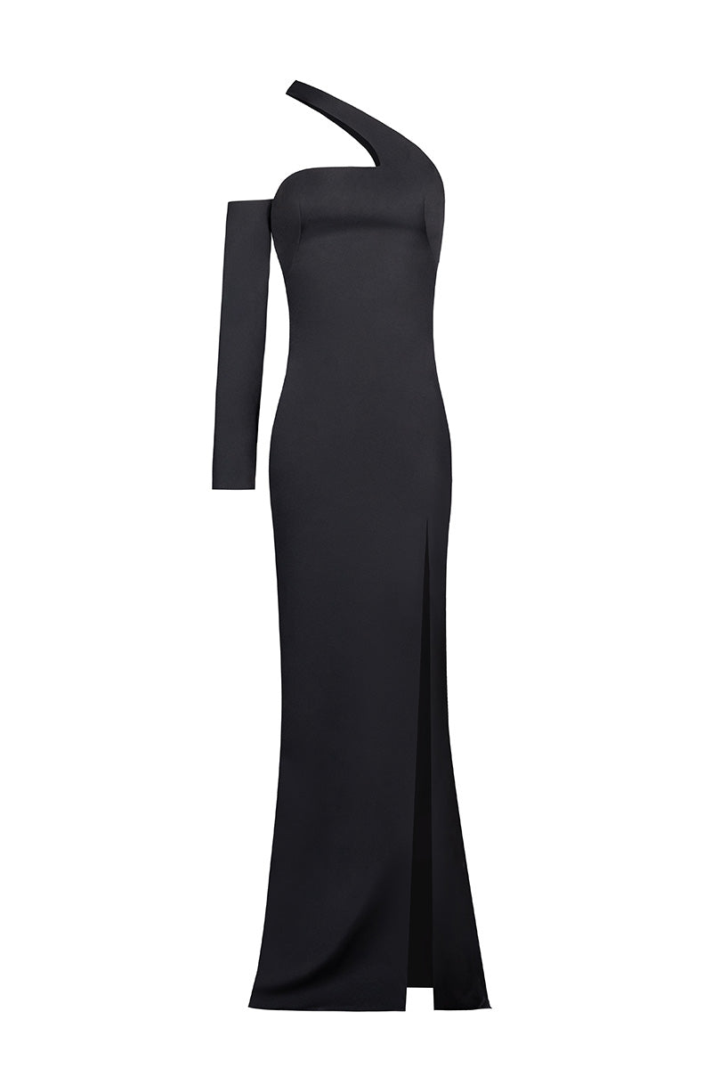 Joanna Andraos black gown with detachable sleeves, front view showing elegant design and flowing fabric.