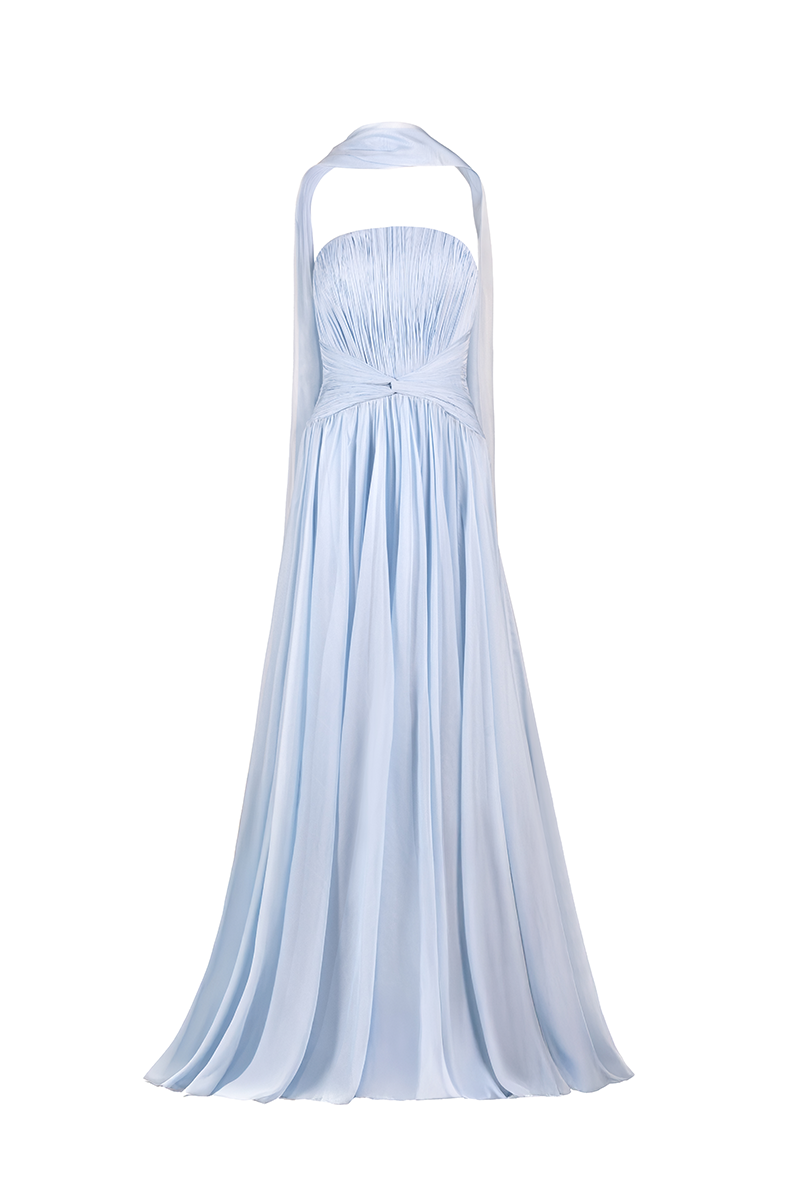 STRAPLESS GOWN WITH SCARF IN BABY BLUE - CULT MIA