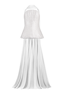 Joanna Andraos white strapless top and skirt co-ords set with matching scarf, shown from the front.