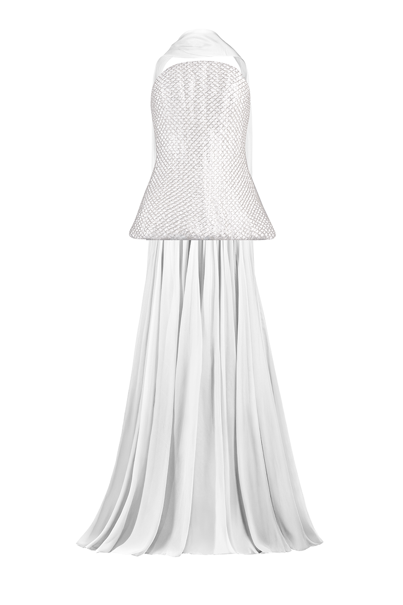 Joanna Andraos white strapless top and skirt co-ords set with matching scarf, shown from the front.