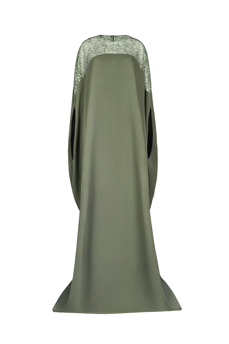 CULT MIA X JOANNA ANDRAOS EMBROIDERED OLIVE GREEN MAXI DRESS