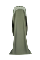 Joanna Andraos embroidered olive green gown with detailed front design, flowing fabric, and elegant silhouette.