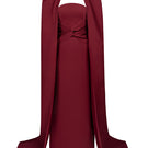Front view of Joanna Andraos burgundy twist gown featuring elegant fabric and fitted silhouette.