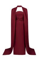 Front view of Joanna Andraos burgundy twist gown featuring elegant fabric and fitted silhouette.