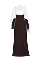 Joanna Andraos ivory cape evening gown with intricate detailing, flowing fabric, and elegant design for formal occasions.